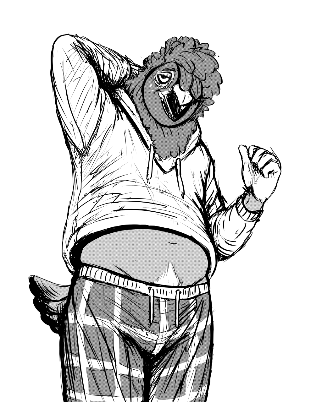 2022 4:5 anthro avian bird body_hair chubby_male clothing columbid feathers greyscale happy_trail hi_res hladilnik hoodie male monochrome one_eye_obstructed pajama_pants pidge_(hladilnik) pigeon solo tired topwear