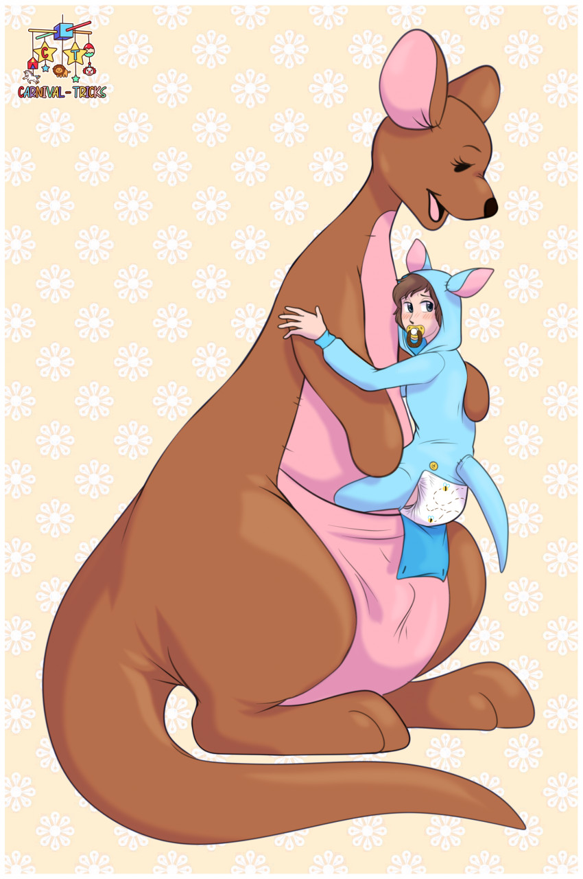 ambiguous_gender blush carrying_person clothing diaper disney female feral hi_res human infantilism kanga kangaroo macropod mammal marsupial onesie open_mouth pacifier plushie pouch_(anatomy) shadowpelt stitch_(sewing) unbuttoned watermark winnie_the_pooh_(franchise)