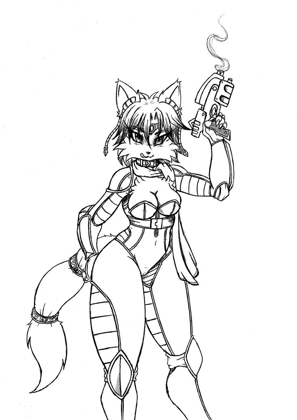 2015 anthro black_and_white breasts canid canine clothed clothing female fox furgonomics gun hair hi_res jumpsuit krystal mammal monochrome navel_outline nintendo ranged_weapon solo star_fox tongue tongue_out video_games viroveteruscy weapon