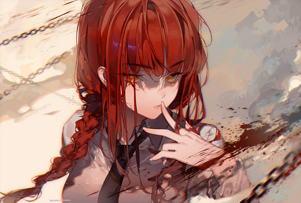 1girl black_necktie blood braid chain chainsaw_man closed_mouth collared_shirt commentary_request finger_to_mouth fingernails hand_up kawacy lips long_hair long_sleeves looking_at_viewer makima_(chainsaw_man) necktie red_eyes red_hair shirt solo upper_body white_shirt