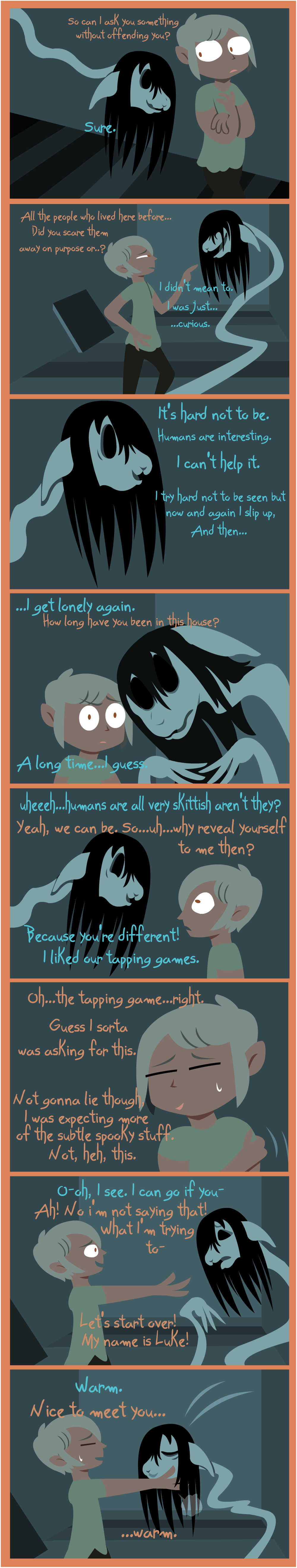 absurd_res alpha_channel ambiguous_gender anthro black_hair blue_body blue_skin border comic duo english_text eyeless green_hair hair hi_res human humanoid long_image long_neck male mammal monster shane_frost tall_image text transparent_border