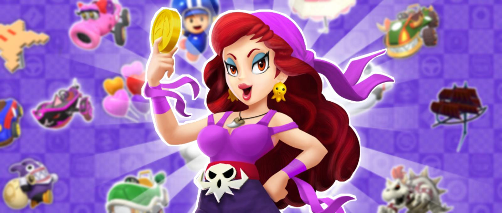 bandana blue_eyeshadow captain_syrup curly_hair earrings eyeshadow highres jewelry lipgloss lipstick long_hair makeup non-web_source official_art red_eyes red_hair red_lips solo wario_land wavy_hair