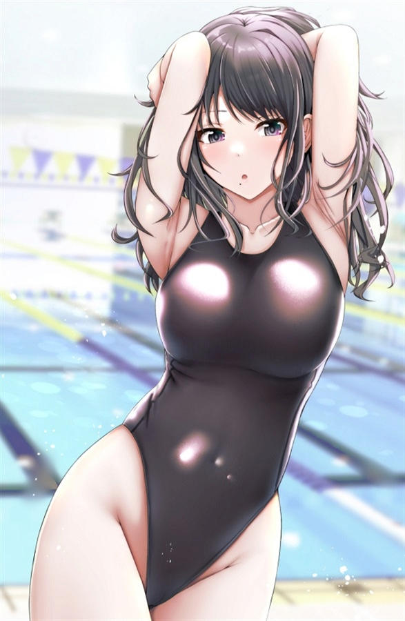 1girl arms_behind_head black_eyes black_hair black_one-piece_swimsuit blurry blurry_background breasts competition_swimsuit cowboy_shot idolmaster idolmaster_shiny_colors kazano_hiori looking_at_viewer medium_breasts mole mole_under_mouth one-piece_swimsuit open_mouth pool shohei_(piranha5hk) solo string_of_flags swimsuit