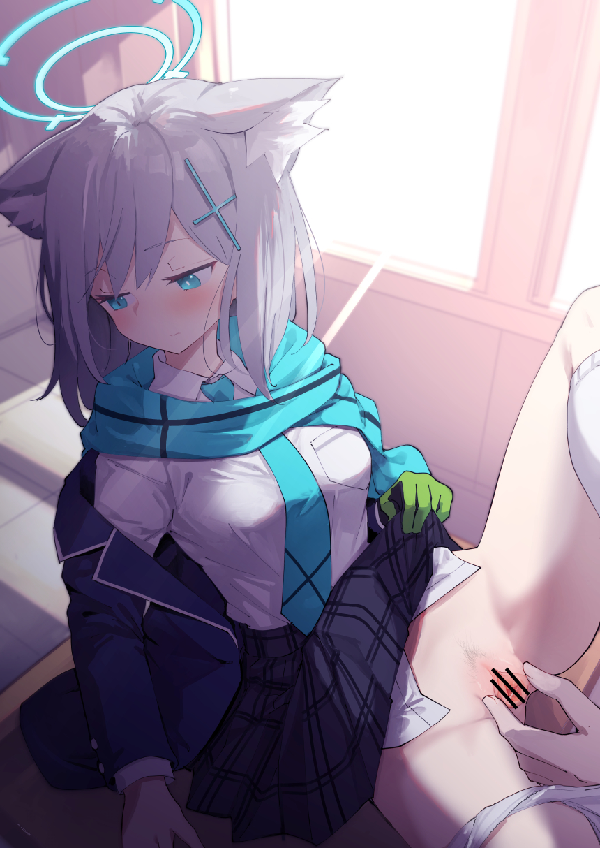 1girl animal_ear_fluff animal_ears bangs bar_censor blue_archive blue_eyes blue_jacket blue_scarf blush breast_pocket breasts censored clothes_lift cross_hair_ornament extra_ears female_pubic_hair gloves green_gloves grey_hair hair_ornament halo high-waist_skirt highres jacket kneehighs lifted_by_self looking_away medium_hair mishima_hiroji mismatched_pupils necktie open_clothes open_jacket panties panties_around_one_leg plaid plaid_skirt pleated_skirt pocket pubic_hair pussy scarf school_uniform shiroko_(blue_archive) shirt shirt_tucked_in single_glove skirt skirt_lift socks solo_focus spread_legs spread_pussy underwear white_shirt wolf_ears