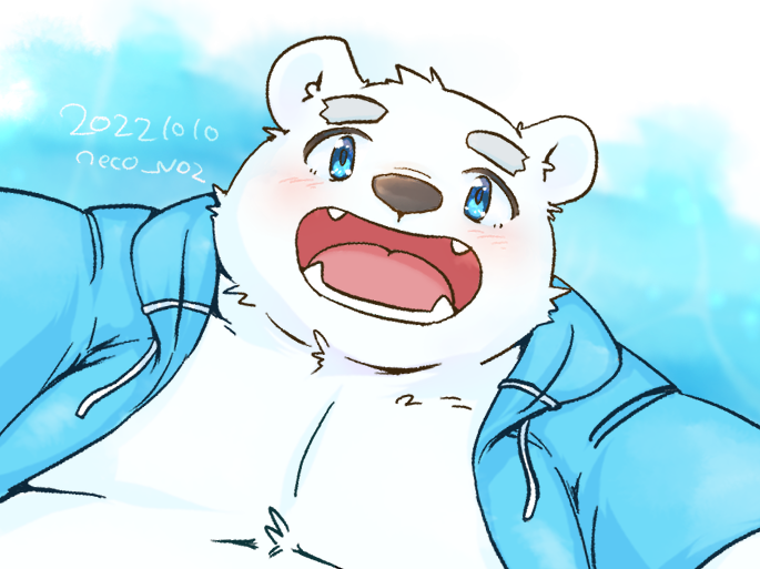 2022 anthro belly blue_eyes blush clothed clothing hoodie kemono male mammal neco_no2 open_clothing open_hoodie open_topwear overweight overweight_male polar_bear shirane_kan solo topwear ursid ursine utau white_body