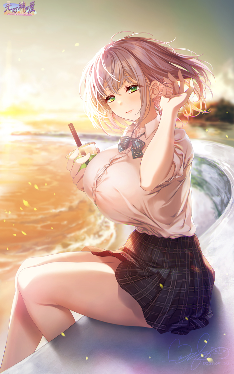 1girl arm_up bangs black_skirt blurry blurry_background breasts collared_shirt commentary_request cup disposable_cup drinking_straw evening floating_hair green_eyes grey_hair highres holding holding_cup hololive hozumi_kaoru large_breasts looking_at_viewer ocean open_mouth plaid pleated_skirt school_uniform shirogane_noel shirt sitting skirt sky smile tented_shirt thighs uniform watermark white_shirt