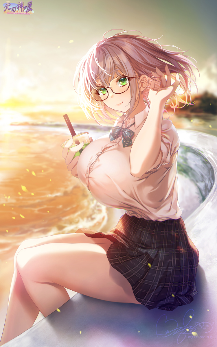 1girl arm_up bangs black_skirt blurry blurry_background breasts collared_shirt commentary_request cup disposable_cup drinking_straw evening floating_hair green_eyes grey_hair highres holding holding_cup hololive hozumi_kaoru large_breasts looking_at_viewer ocean open_mouth plaid pleated_skirt school_uniform semi-rimless_eyewear shirogane_noel shirt sitting skirt sky smile tented_shirt thighs under-rim_eyewear uniform watermark white_shirt