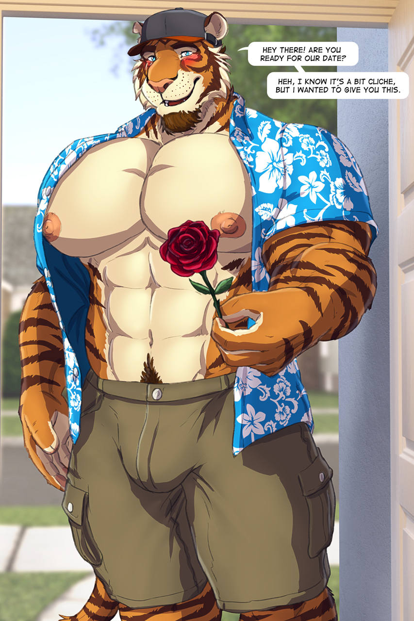 2022 abs aloha_shirt anthro barazoku baseball_cap beard big_muscles big_nipples big_pecs blurred_background blush body_hair bottomwear bulge clothed clothing coach_night date dialogue door dream_and_nightmare english_text eyebrows facial_hair felid first_person_view flower fur happy_trail hat headgear headwear hi_res huge_muscles looking_at_viewer male mammal muscular muscular_anthro muscular_male navel night_(dream_and_nightmare) nipples notched_ear open_clothing open_shirt open_topwear pantherine pattern_clothing pattern_shirt pattern_topwear pecs plant pubes rose_(flower) shirt shorts smile solo standing talking_to_viewer text tiger topwear tuft