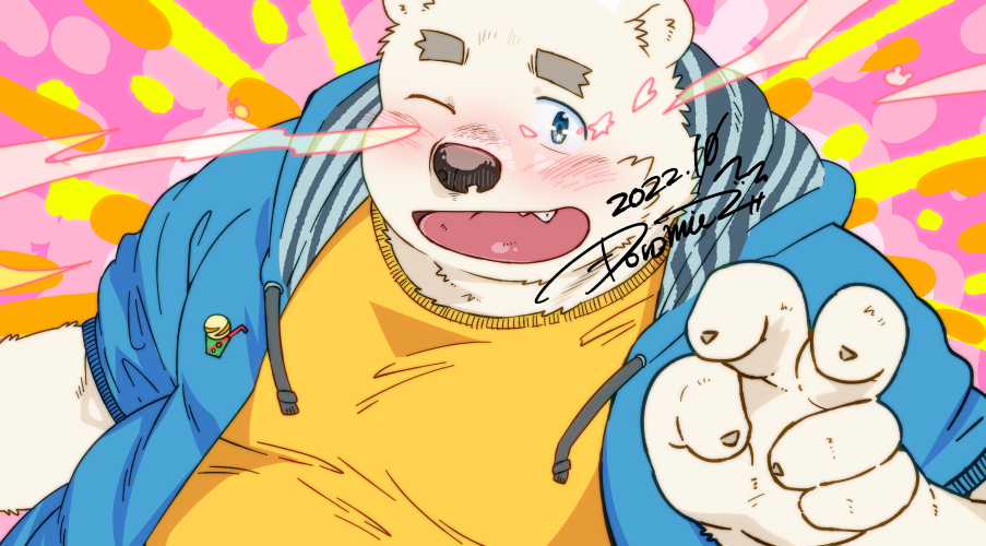 2022 anthro black_nose clothing cute_fangs doromiez hoodie humanoid_hands kemono male mammal one_eye_closed overweight overweight_male polar_bear shirane_kan shirt solo topwear ursid ursine utau white_body wink