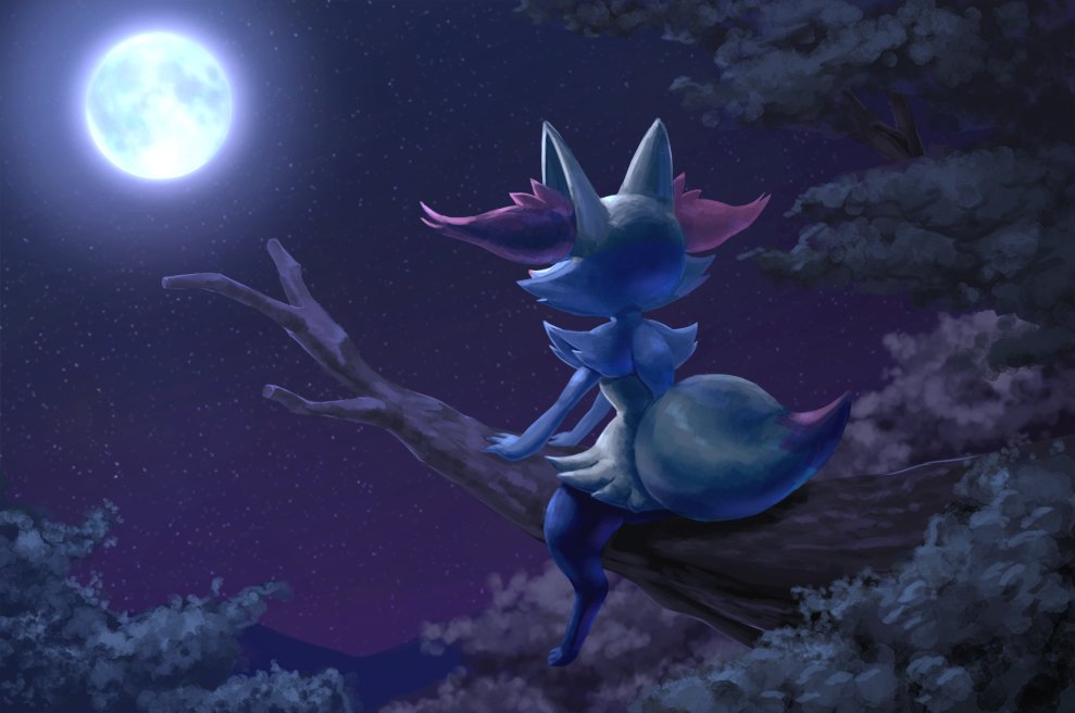 2018 ambiguous_gender angehistoire anthro braixen branch cheek_tuft detailed_background digitigrade dipstick_tail faceless_ambiguous faceless_character facial_tuft forest forest_background full_moon generation_6_pokemon high_place in_tree light looking_at_moon markings moon moonlight nature nature_background night_sky nintendo nude on_branch outside plant pokemon pokemon_(species) rear_view sitting sky small_waist solo star starry_sky straddling tail_markings thick_thighs tree tuft video_games wide_hips