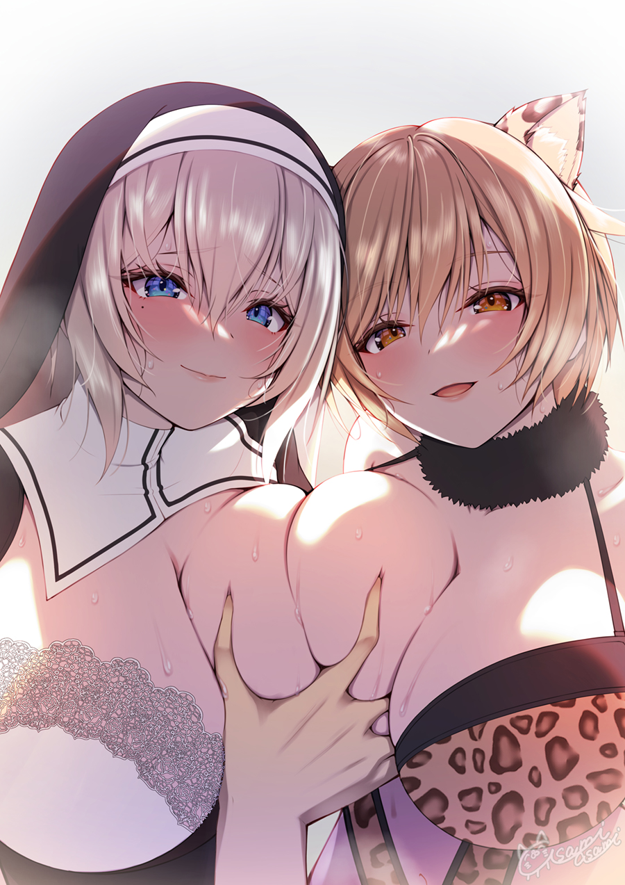 2girls animal_ears animal_print asami_asami bangs black_headwear blonde_hair blue_eyes blush breast_grab breasts brown_eyes cleavage closed_mouth commentary_request grabbing grey_hair highres leopard_ears leopard_girl leopard_print looking_at_viewer mole mole_under_eye multiple_girls nun original parted_lips smile upper_body