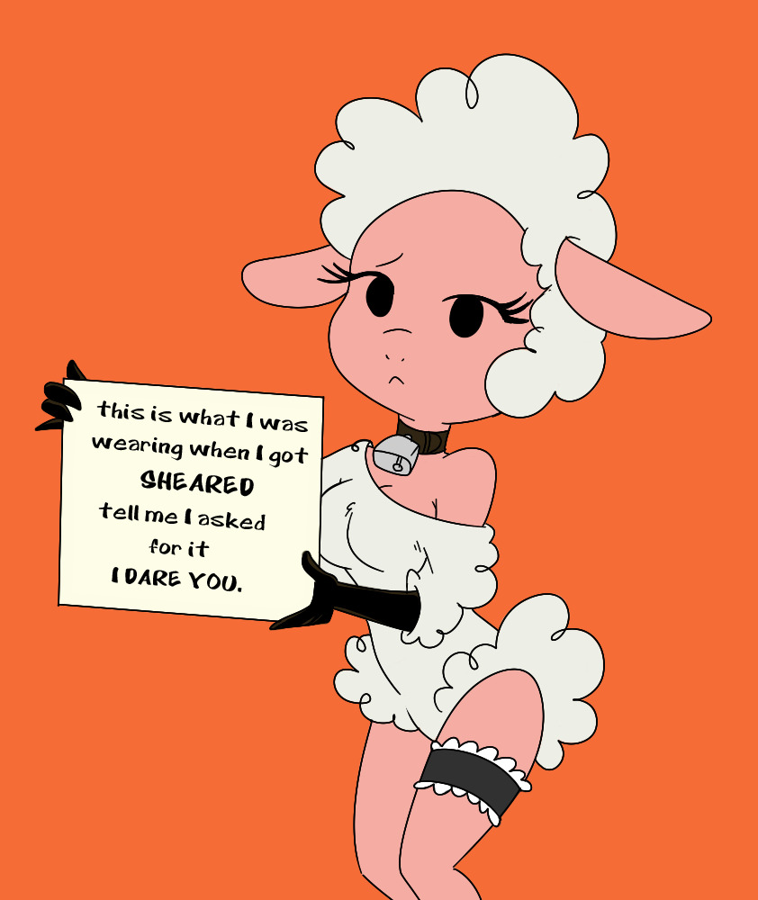 2013 anthro bell bell_collar bovid breasts caprine cleavage clothed clothing collar cowbell droopy_(series) english_text female frown holding_object leggy_lamb looking_at_viewer madmax mammal metro-goldwyn-mayer sheep sheep_wrecked simple_background solo text