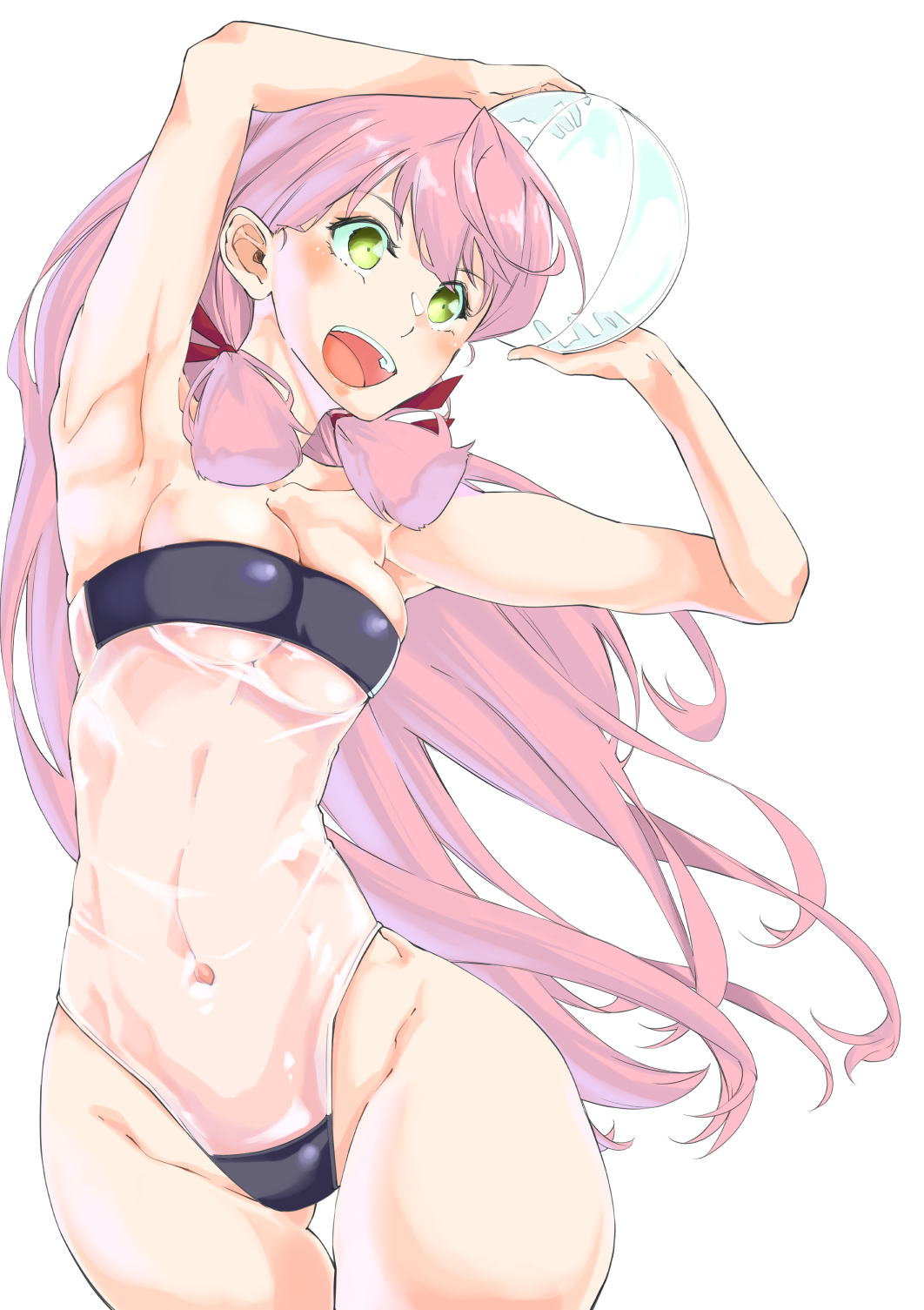 1girl akashi_(kancolle) bag blunt_tresses breasts casual_one-piece_swimsuit cleavage green_eyes gris_swimsuit hair_ribbon highres kantai_collection long_hair medium_breasts meme_attire navel one-piece_swimsuit open_mouth pink_hair ribbon simple_background smile solo swimsuit tress_ribbon white_background zouni_(asahi_ruyoru)