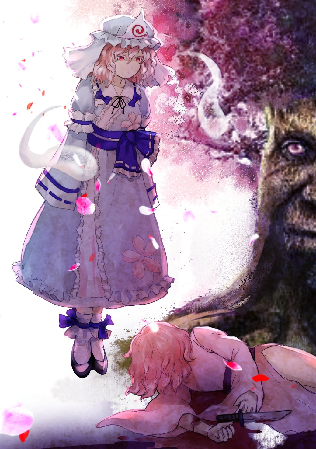 black_headwear blood blood_on_arm blue_headwear blue_kimono cherry_blossoms closed_mouth corpse ghost hat highres himuhino japanese_clothes kimono knife mob_cap pink_eyes pink_hair pink_kimono saigyouji_yuyuko saigyouji_yuyuko_(living) short_hair suicide touhou tree triangular_headpiece