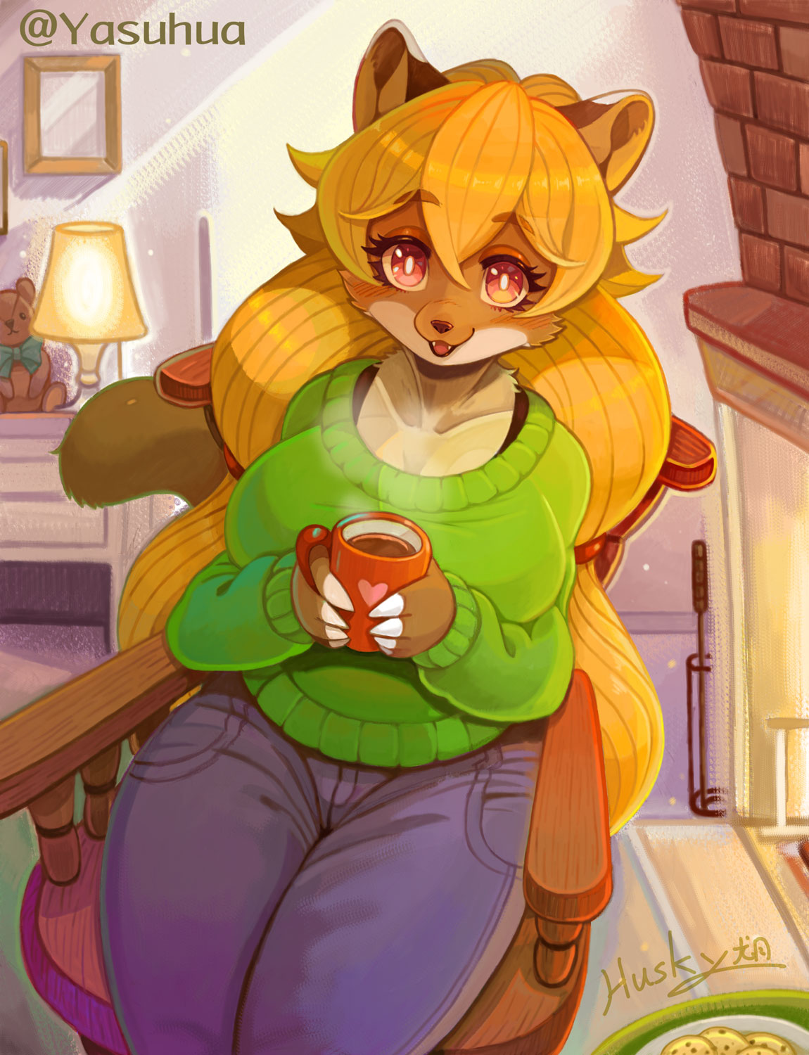 anthro big_breasts blonde_hair bottomwear breasts clothing collarbone denim denim_clothing female green_clothing green_sweater green_topwear hair hi_res holding_coffee_mug inside jeans long_hair looking_at_viewer mammal open_mouth pants procyonid pupils raccoon red_eyes sitting smile solo sweater syuriusuhusky topwear white_pupils