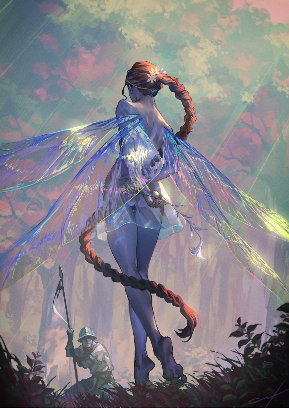 1boy 1girl barefoot braid braided_ponytail brown_hair commentary dress fairy_wings flower from_behind grass hair_flower hair_ornament helmet highres holding holding_polearm holding_weapon kneeling long_hair nishiki_areku original polearm see-through see-through_dress spear tree tunic very_long_hair weapon wings