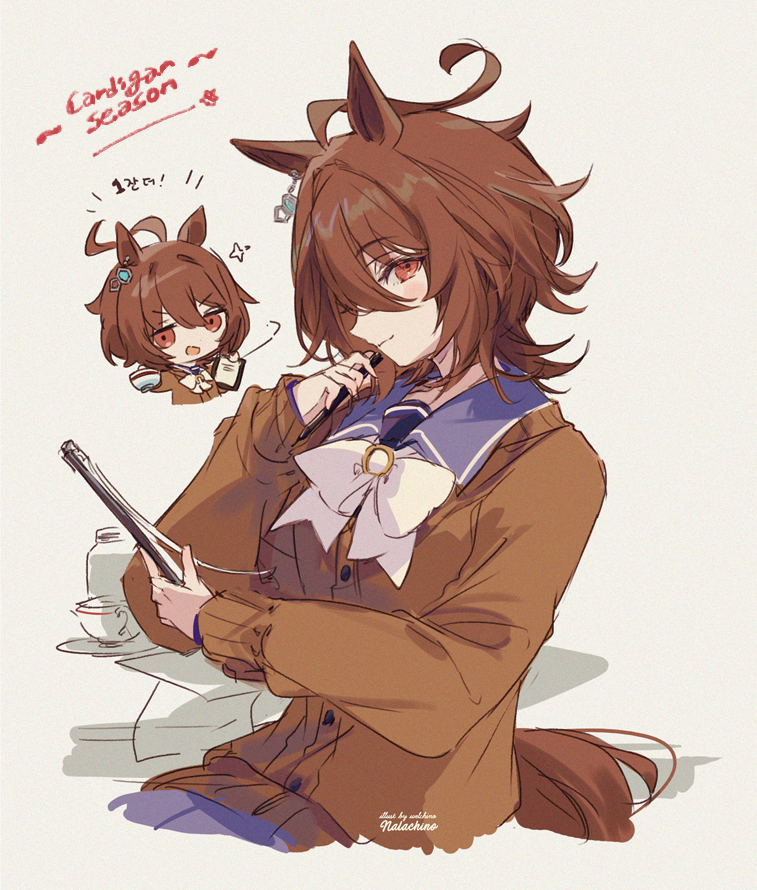 1girl agnes_tachyon_(umamusume) ahoge animal_ears artist_name bangs blush bow bowtie brown_hair cardigan chibi chibi_inset clip clipboard cup earrings english_text grey_background hair_between_eyes holding holding_clipboard holding_cup holding_pen horse_ears horse_girl horse_tail jewelry long_sleeves looking_at_viewer medium_hair orange_eyes pen sailor sideways_glance simple_background single_earring smile solo tail teacup umamusume upper_body welchino