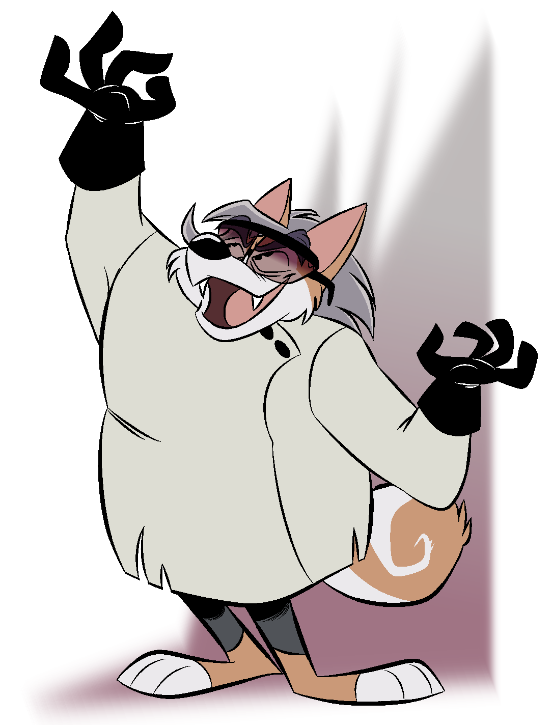 2022 4_fingers akita anthro barefoot black_nose brown_body brown_fur canid canine canis clothed clothing disney domestic_dog dr._akita ducktales ducktales_(2017) eeyorbstudios eyewear fangs feet fingers full-length_portrait fur glasses gloves grey_hair hair handwear hi_res male mammal multicolored_body multicolored_fur open_mouth portrait simple_background solo spitz standing two_tone_body two_tone_fur white_body white_fur