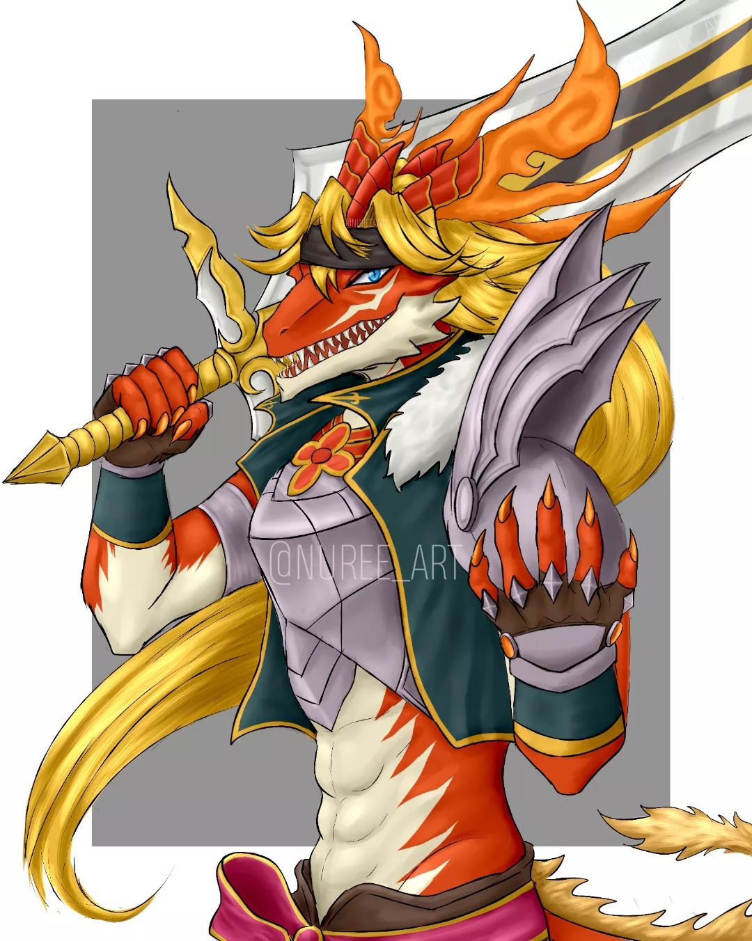 abs anthro armor armordragon asian_mythology blonde_hair blue_eyes breastplate bushiroad claws clothing dragon east_asian_mythology eastern_dragon fangs fire_sword_doble future_card_buddyfight hair headgear headwear hi_res horn long_hair looking_at_viewer male melee_weapon mythology nuree_art orange_body pinup pose scalie shirt simple_background smile smirk solo sword tail_motion tailwag tan_body topwear weapon weapon_on_shoulder