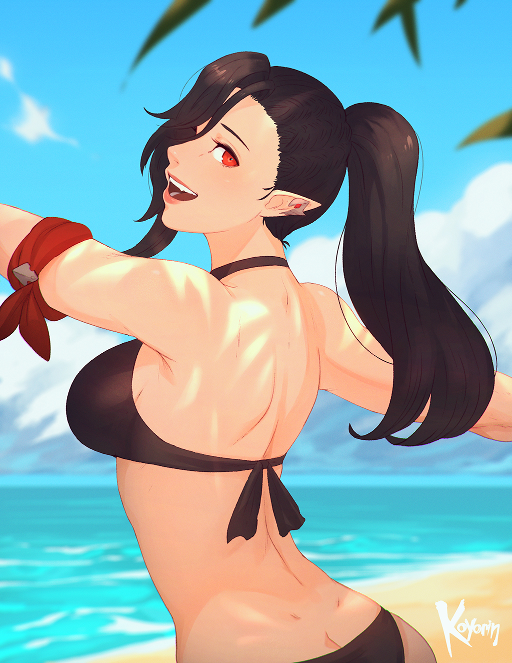 1girl armband beach bikini black_bikini black_hair blurry blurry_background breasts day earrings elezen elf english_commentary final_fantasy final_fantasy_xiv from_behind hair_between_eyes highres hilda_ware hybrid hyur jewelry koyorin large_breasts long_hair looking_at_viewer open_mouth outdoors pointy_ears ponytail red_eyes solo swimsuit