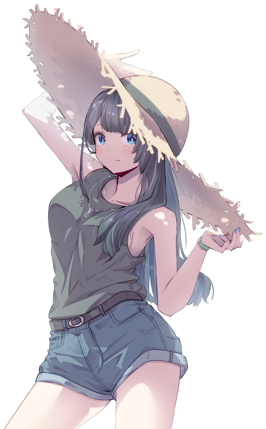 1girl bangs belt black_belt blue_eyes blue_shorts bracelet denim denim_shorts grey_tank_top hand_on_headwear hat highres jewelry leaning_to_the_side long_hair looking_at_viewer neo_(tyottama) nijisanji onomachi_haruka short_shorts shorts smile solo sun_hat tank_top virtual_youtuber white_background