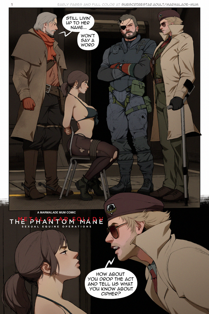 beard bound breasts chair clothed clothing comic duo english_text eye_patch eyewear facial_hair female furniture glasses group hair hat headgear headwear human human_only konami male mammal marmalademum metal_gear multiple_scenes mustache not_furry quiet_(metal_gear) text torn_clothing video_games