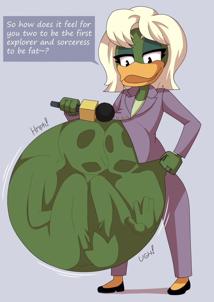 anatid anseriform anthro avian bird della_duck disney duck ducktales ducktales_(2017) female female/female group hi_res magica_de_spell microphone onomatopoeia oral_vore reporter roxanne_featherly sound_effects sunnyhero text trio vore