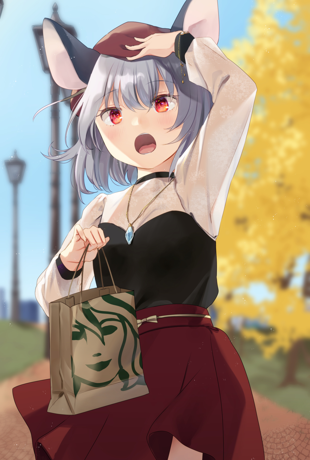 1girl alternate_costume animal_ears ari_don autumn_leaves bangs black_shirt blush breasts commentary_request contemporary cowboy_shot crystal day grey_hair highres jewelry lamppost looking_at_viewer mouse_ears mouse_girl nazrin open_mouth outdoors path pendant red_eyes red_skirt see-through see-through_shirt shirt short_hair skirt small_breasts solo starbucks touhou tree white_shirt