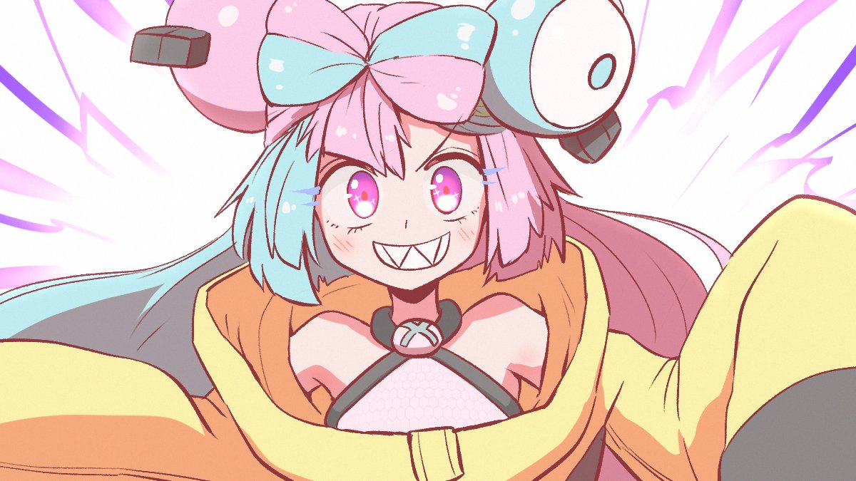 1girl aqua_hair bare_shoulders bow-shaped_hair breasts eyelashes hair_ornament happy iono_(pokemon) kurachi_mizuki long_hair looking_at_viewer multicolored_hair one_eye_closed oversized_clothes pink_hair pokemon pokemon_(game) pokemon_sv purple_eyes sharp_teeth sleeves_past_fingers sleeves_past_wrists smile solo teeth twintails two-tone_hair