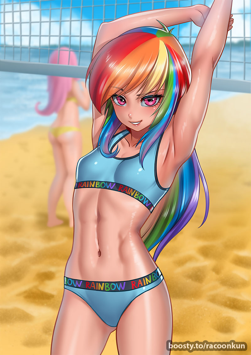 2girls armpits arms_up ball bare_arms beach beachball bikini blue_bikini blue_hair blurry blurry_background breasts collarbone day green_hair groin long_hair looking_at_viewer multicolored_hair multiple_girls my my_little_pony navel ocean orange_hair purple_hair racoon-kun rainbow_dash rainbow_hair red_hair shiny shiny_hair shiny_skin small_breasts solo_focus sports_bikini straight_hair stretching swimsuit very_long_hair volleyball_net watermark