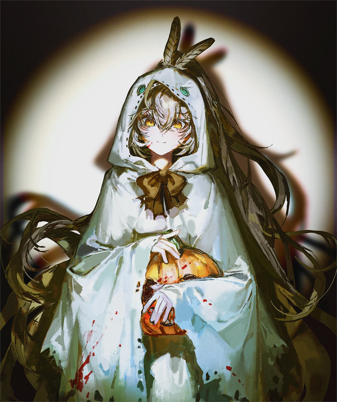1girl blood brown_hair feather_hair_ornament feathers food ghost_costume hair_ornament halloween_costume highres holding holding_food holding_pumpkin holding_vegetable hololive hololive_english jack-o'-lantern long_hair looking_at_viewer nanashi_mumei pumpkin quasarcake ribbon smile solo spotlight vegetable very_long_hair virtual_youtuber yellow_eyes