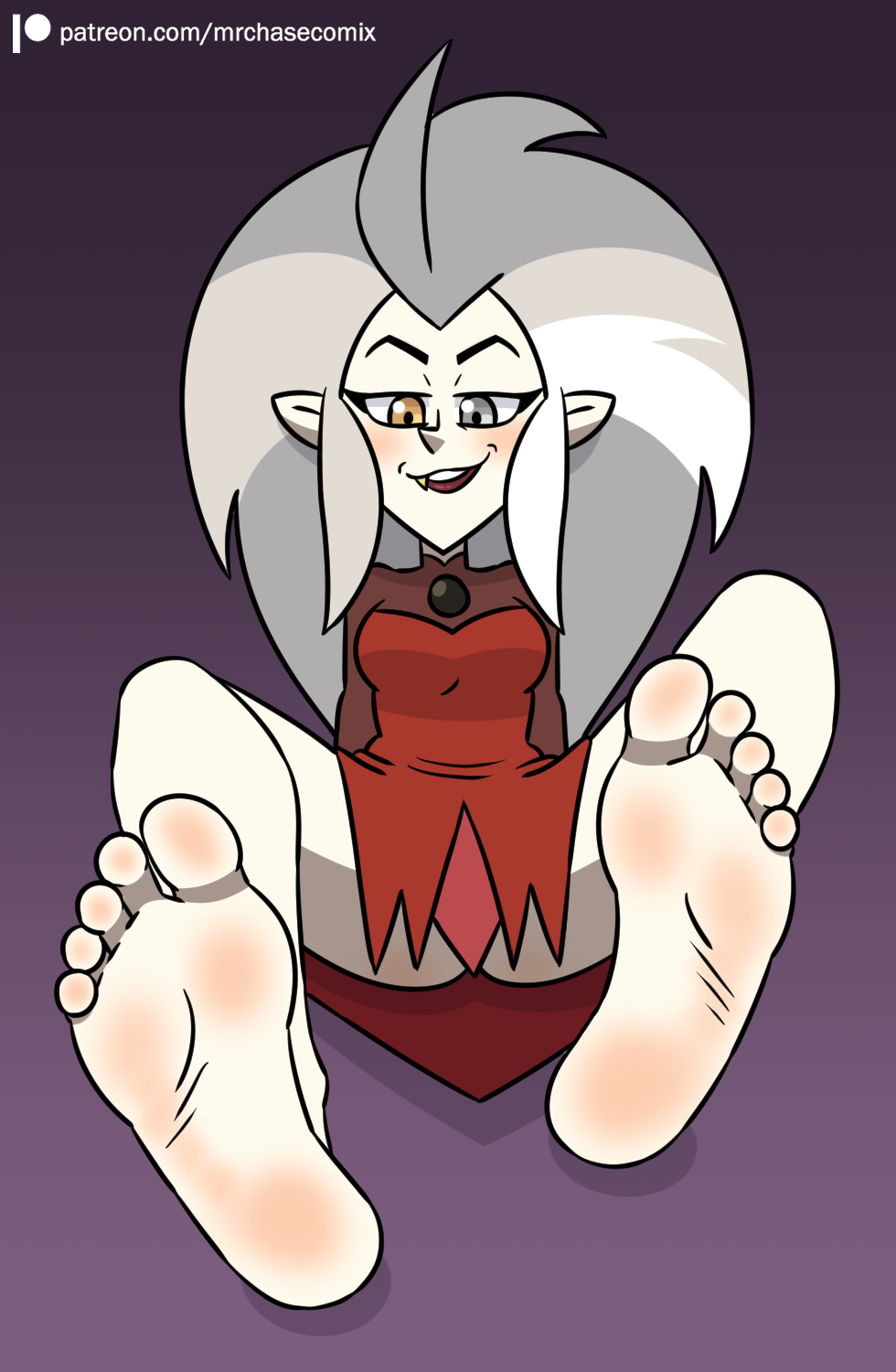 5_toes disney eda_clawthorne feet female foot_focus grey_hair hair heterochromia hi_res humanoid humanoid_feet humanoid_pointy_ears mammal mrchasecomix not_furry soles solo text the_owl_house toes witch_(the_owl_house)