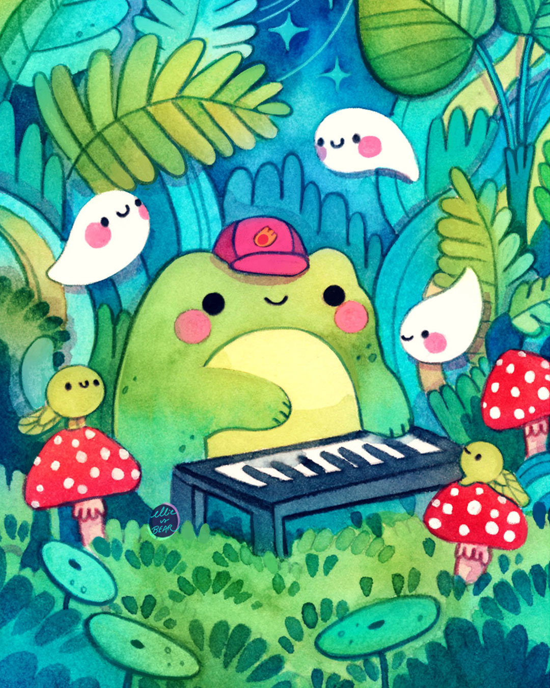 blush closed_mouth ellie_(twitter) fauna frog ghost ghost_tail grass hat highres instrument leaf mushroom no_humans original piano plant red_headwear red_mushroom tadpole tadpole_tail
