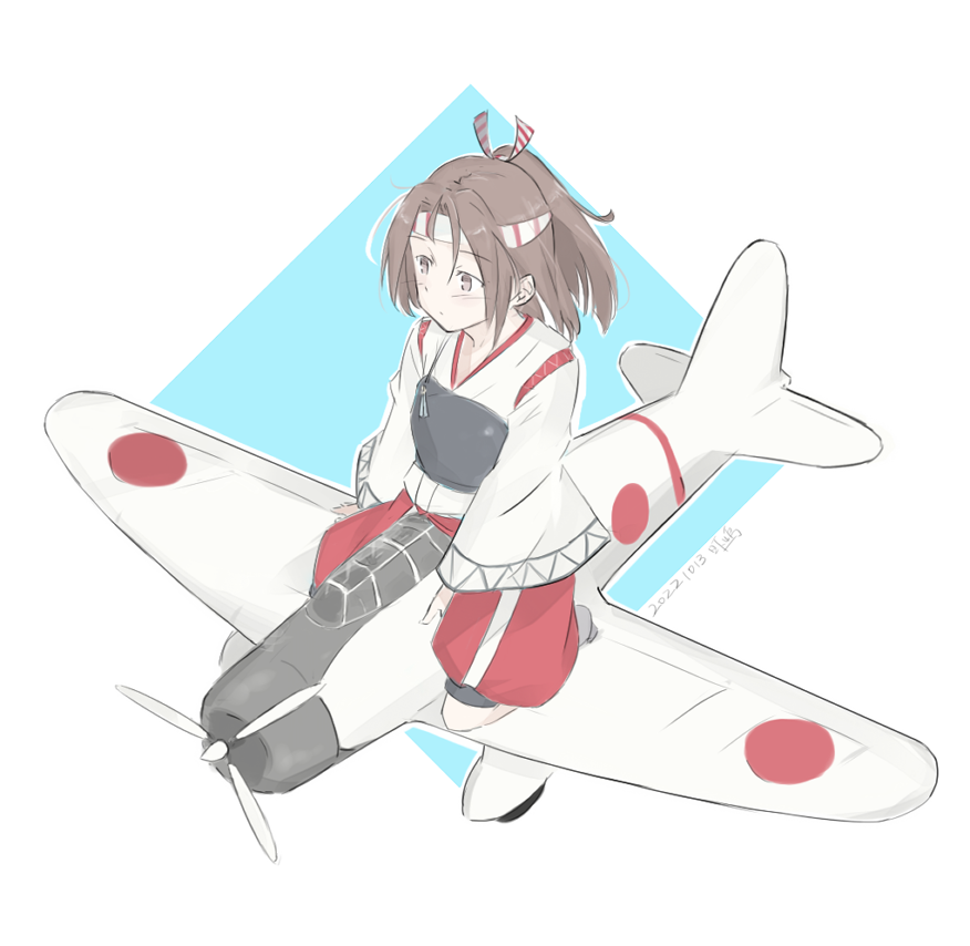 1girl aircraft aircraft_request airplane brown_eyes d3a grey_hair hachimaki hakama hakama_shorts headband high_ponytail hikashima_(shiofune) japanese_clothes kantai_collection long_hair muneate red_hakama red_shorts shorts solo white_background wide_sleeves zuihou_(kancolle)