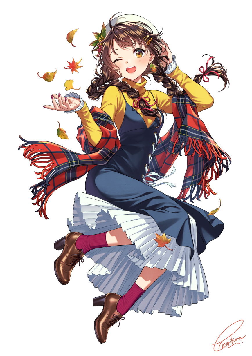 1girl ;d ahoge autumn_leaves beret black_dress boots braid brown_footwear commentary_request dress frilled_sleeves frills fringe_trim full_body ginkgo_leaf hair_over_shoulder hat high_heel_boots high_heels highres leaf long_hair long_sleeves looking_at_viewer low_twintails maple_leaf morikura_en nail_polish one_eye_closed orange_eyes original plaid plaid_scarf red_nails red_socks scarf shirt simple_background smile socks solo teeth turtleneck twin_braids twintails upper_teeth very_long_hair white_background white_headwear yellow_shirt