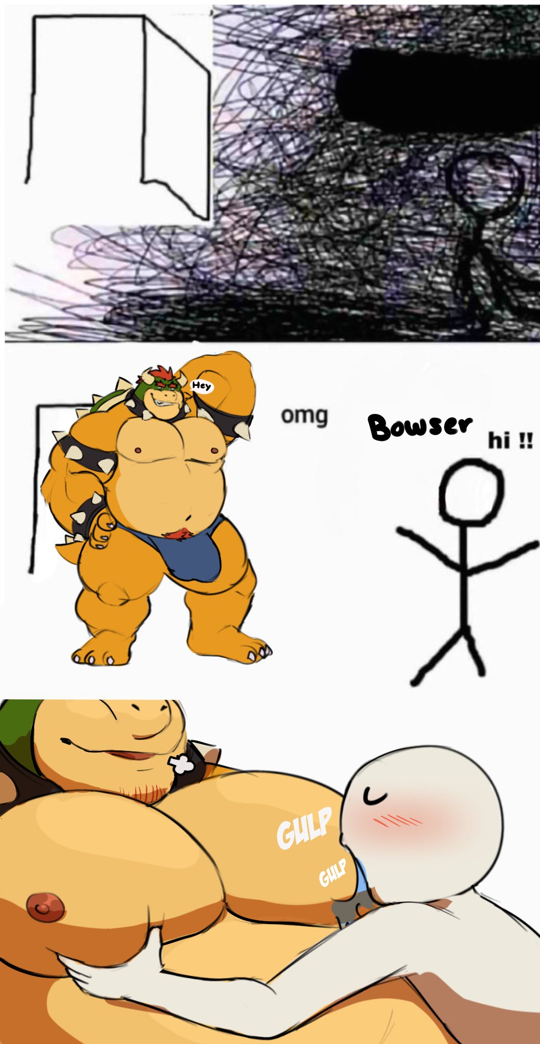 2022 anon anthro armband barazoku barefoot belly biceps big_belly big_bulge big_muscles big_pecs blush bodily_fluids bowser bracelet breath bulge claws clothed clothing collar dialogue duo english_text eyebrows eyes_closed facial_hair feet hair hand_behind_head hand_on_chest hand_on_pecs hi_res horn huge_muscles human human_on_anthro interspecies jewelry koopa male male/male mammal mario_bros meme multiple_scenes musclegut muscular muscular_anthro muscular_male navel nintendo nipple_fetish nipple_play nipple_suck nipples non-mammal_nipples omg_hi! pec_grab pec_grasp pec_squeeze pec_squish pecs pubes saliva scalie shell simple_background size_difference smile sound_effects spiked_armband spiked_bracelet spiked_collar spiked_shell spiked_tail spikes spikes_(anatomy) squish standing stick_figure stubble sucking teeth text thong topless topless_anthro topless_male underwear video_games vitashi white_background