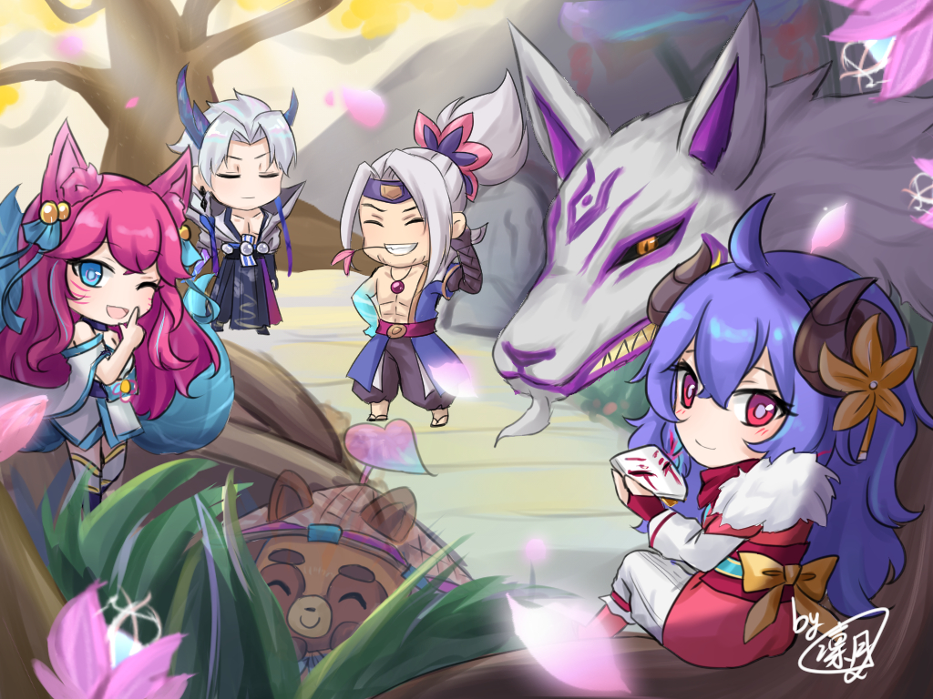 2girls 3boys :d abs ahoge ahri_(league_of_legends) animal animal_ears bangs bare_shoulders bell black_pants bow earrings facial_mark flower fox_ears fox_girl fox_tail fur_trim green_eyes grey_hair grin hair_bell hair_ornament hairband hand_up holding holding_mask horns invisible japanese_clothes jewelry kimono kindred_(league_of_legends) lamb_(league_of_legends) league_of_legends long_hair looking_back mask mask_removed mismatched_horns multiple_boys multiple_girls necklace one_eye_closed open_mouth orange_bow outdoors oversized_animal pants pink_flower pink_hair ponytail purple_hair purple_hairband red_eyes sharp_teeth shiny shiny_hair signature sitting smile spirit_blossom_ahri spirit_blossom_kindred spirit_blossom_teemo spirit_blossom_yasuo spirit_blossom_yone sylvia_rintsuki tail teemo teeth whisker_markings wolf_(league_of_legends) yasuo_(league_of_legends) yone_(league_of_legends)