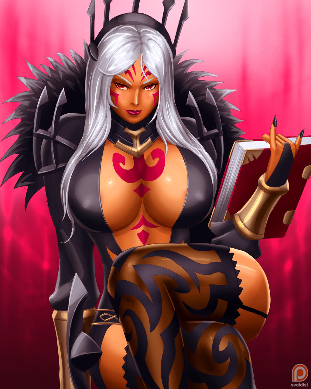 1girl areola_slip aversa_(fire_emblem) bangs book breasts center_opening cleavage crossed_legs crown dark-skinned_female dark_skin facial_mark feathers fingernails fire_emblem fire_emblem_awakening garter_straps highres holding jewelry large_breasts long_fingernails long_hair nail_polish red_eyes simple_background solo svoidist tattoo thighhighs white_hair