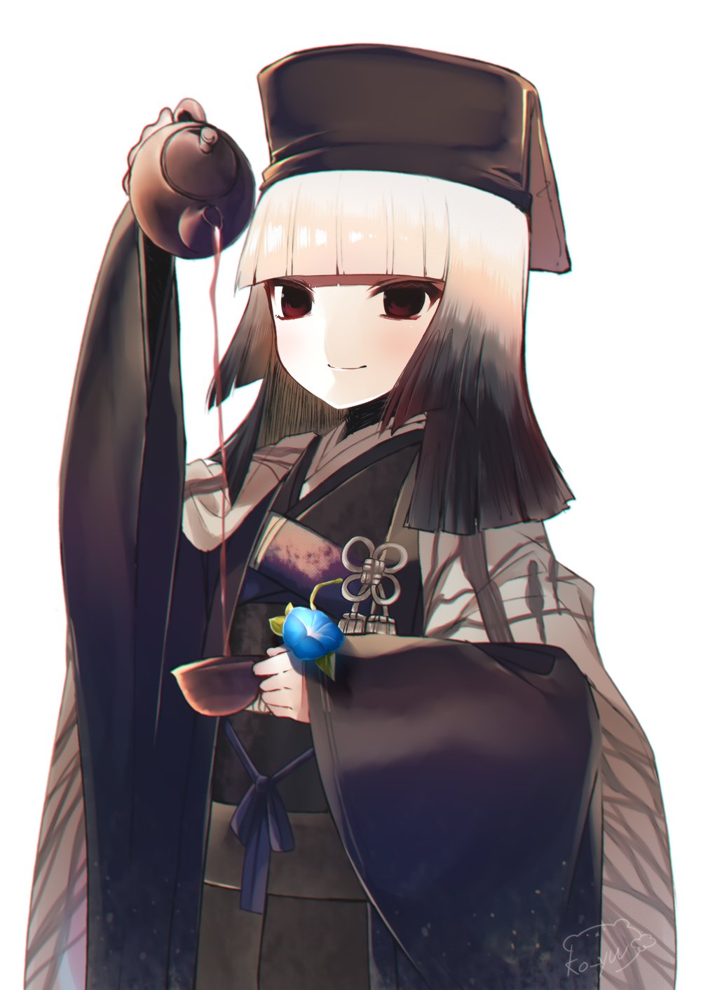 1girl black_eyes cup fate/grand_order fate_(series) flower grey_hair hat highres japanese_clothes kimono ko_yu morning_glory pouring sen_no_rikyu_(fate) signature smile tea teacup teapot white_background wide_sleeves