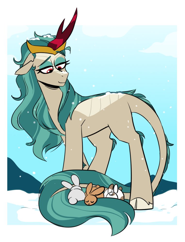 :3 asian_mythology chinese_mythology cloven_hooves east_asian_mythology eyeshadow green_eyeshadow headpiece hooves horn kirin lagomorph leporid long_tail makeup mammal mythology queen_rain_shine_(mlp) rabbit red_eyes redxbacon sleeping snow snowing turquoise_eyeshadow turquoise_hair