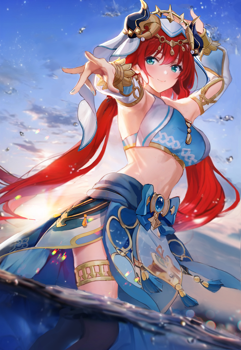 1girl aqua_eyes arm_up blush closed_mouth dancer dancing forehead_jewel genshin_impact harem_outfit highres horns hyy-huangyuyao looking_at_viewer midriff nilou_(genshin_impact) outstretched_hand partially_submerged reaching_out red_hair skirt smile solo twintails vambraces veil water