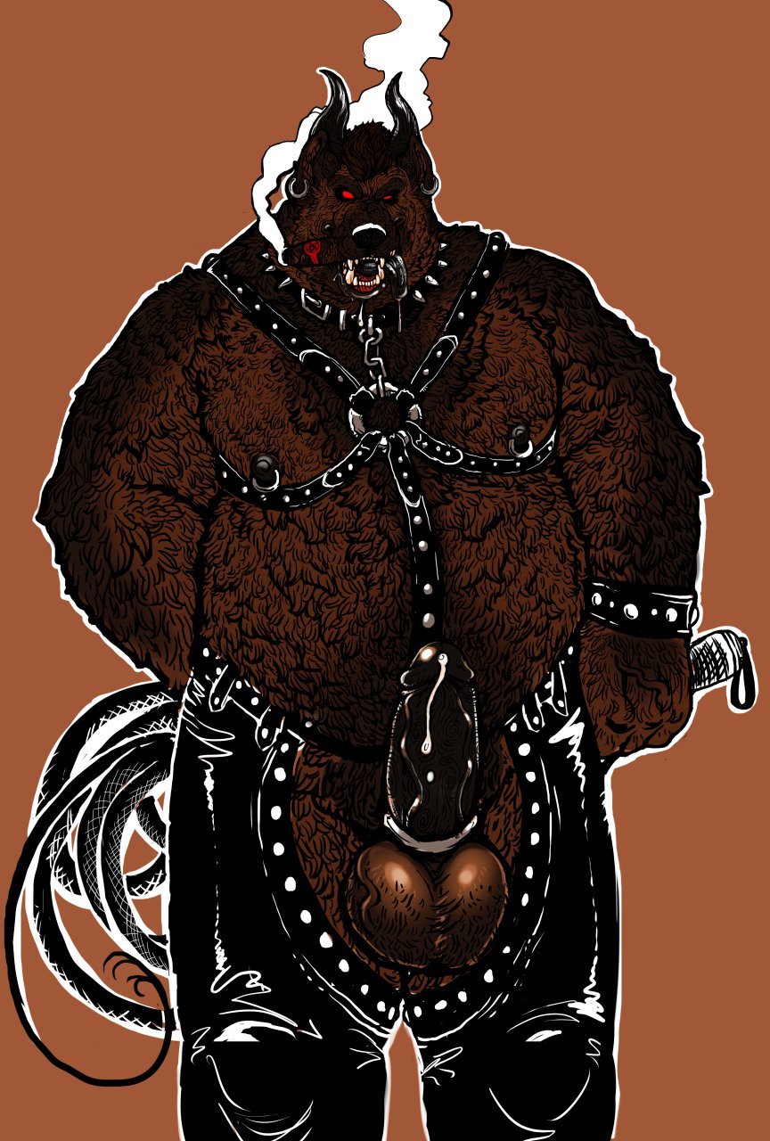 accessory anthro balls bodily_fluids body_hair canid canine canis chaps chest_hair cigar clothing cock_ring cum cum_drip demon domestic_dog dramamine dripping ear_piercing erection genital_fluids genitals hair_on_shoulder hairy_arms hairy_belly harness hi_res jewelry leather leather_clothing leather_harness leather_straps looking_at_viewer male mammal nipple_piercing nipples overweight penis penis_accessory penis_jewelry piercing red_eyes smoke smoking smoking_cigar solo vein veiny_penis whip