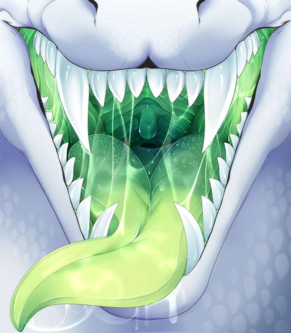 ambiguous_form ambiguous_gender bodily_fluids drooling fangs front_view gradient_tongue green_tongue mouth_shot open_mouth saliva saliva_on_chin saliva_on_tongue saliva_string santanahoffman sharp_teeth solo teeth tongue tongue_out unsigned uvula white_body