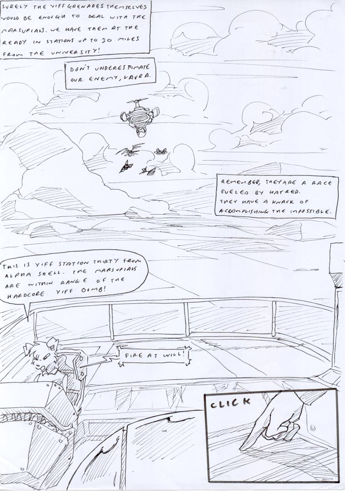aircraft anthro balcony black_and_white canid canine canis chair cloud comic dialogue english_text field folded_ears furniture kitfox-crimson machine male mammal mecha monochrome mountain onomatopoeia pressing_button runway sketch sky solo solo_focus sound_effects speech_bubble text