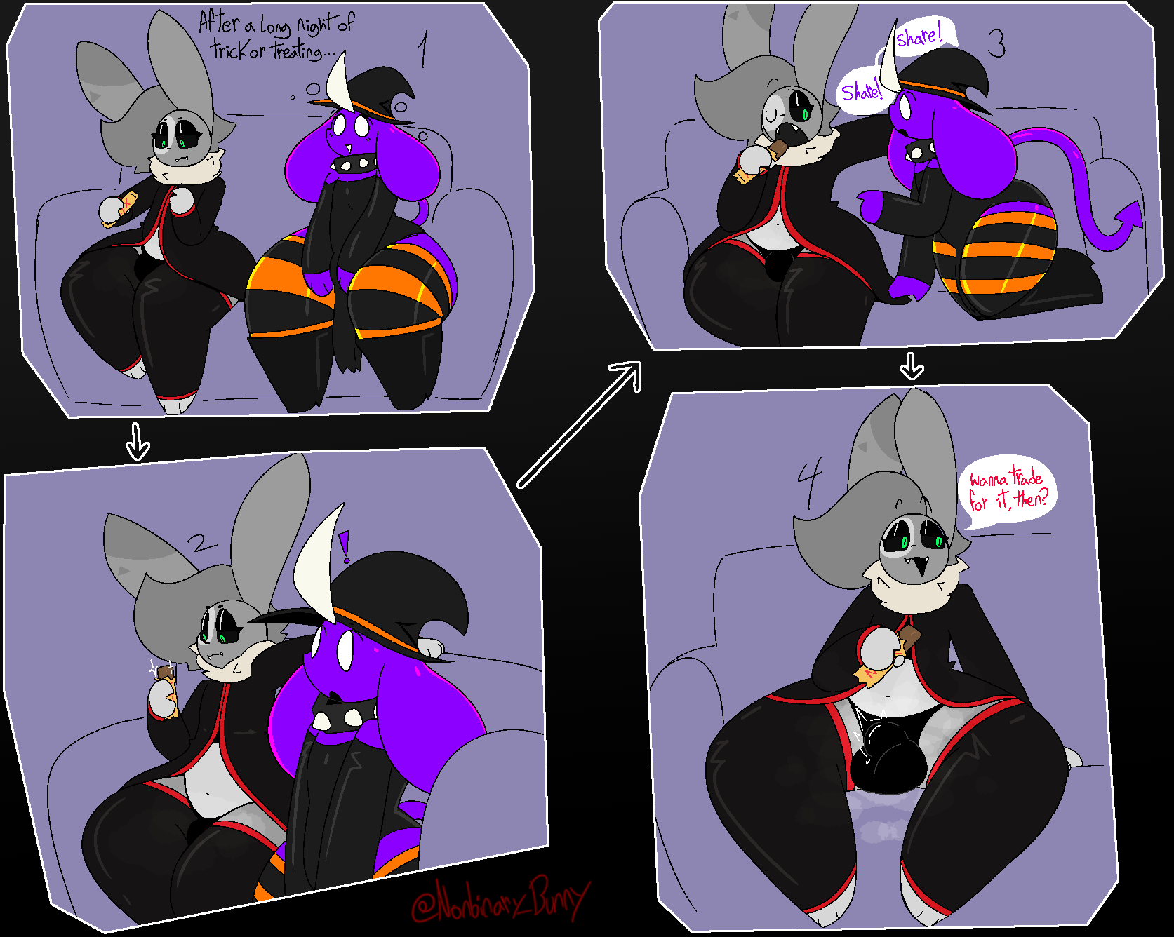 anthro begging bulge candy chocolate chocolate_bar clothing collar comic demon dessert dialogue duo english_text exclamation_point food halloween hat headgear headwear hi_res holidays horn lagomorph legwear leporid male male/male mammal nonbinary_(lore) nonbinary_bunny orio_(nonbinary_bunny) purple_body rabbit speech_bubble spiked_collar spikes stultus_(character) text thick_thighs thigh_highs tights white_eyes witch_hat