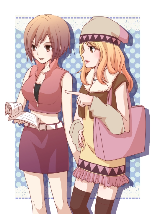 2girls arm_warmers bag beanie belt blonde_hair blush breasts brown_eyes brown_hair brown_headwear brown_shirt cleavage commentary_request crop_top crossover dress feet_out_of_frame handbag hat holding holding_paper karina_lyle long_hair long_sleeves looking_afar medium_breasts meiko midriff miniskirt multiple_girls open_mouth paper pink_bag popped_collar red_shirt red_skirt shirt short_dress short_hair skirt sleeveless sleeveless_dress sleeveless_shirt smile tiger_&amp;_bunny tomo-graphy vocaloid white_belt yellow_dress