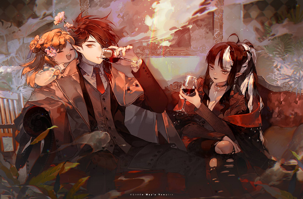 1boy 2girls ahoge black_hair blood blood_on_face breasts brother_and_sister brown_hair chair choker cleavage collared_shirt couch crossed_legs cup drinking drinking_glass english_commentary english_text female_child flower happy holding holding_cup holding_flower kawacy knees long_hair long_sleeves looking_at_another multicolored_hair multiple_girls necktie original painting_(object) pants pointy_ears red_necktie shirt short_hair siblings sideways_glance sitting smile streaked_hair torn_clothes torn_pants twins two-tone_hair vampire vest_over_shirt white_hair wine_glass yellow_eyes