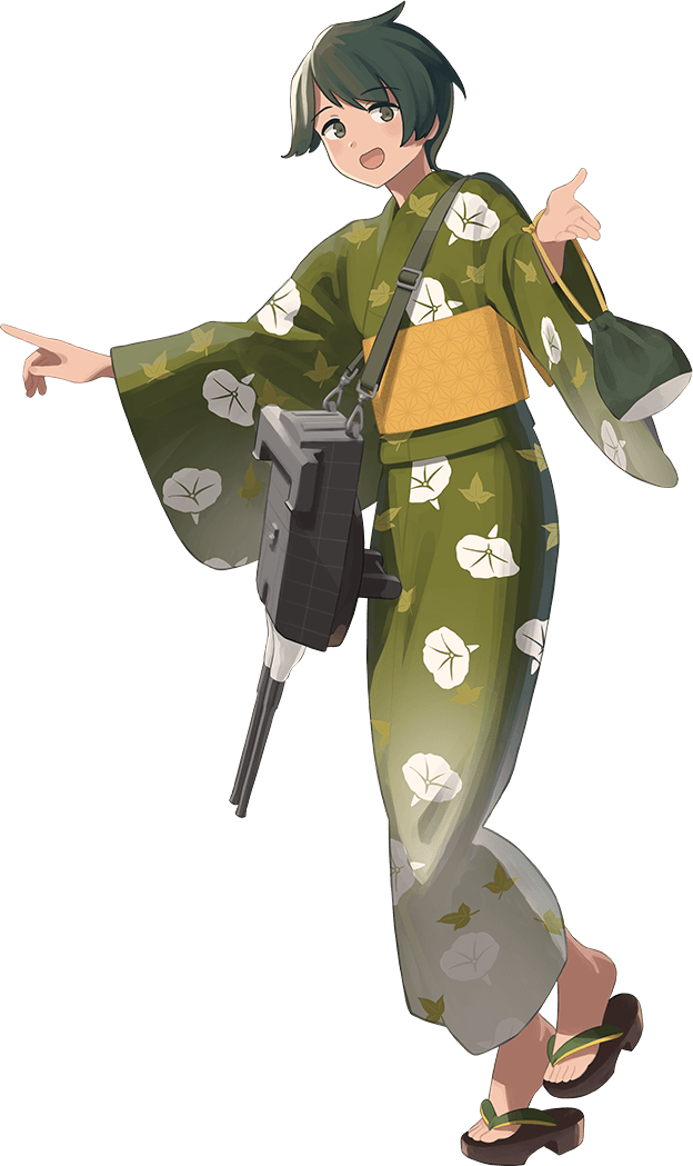 1girl adapted_turret bangs black_hair cannon commentary_request floral_print geta green_eyes green_kimono japanese_clothes kantai_collection kimono looking_at_viewer mogami_(kancolle) official_art open_mouth pointing sandals shibafu_(glock23) short_hair smile solo swept_bangs third-party_source transparent_background turret yukata