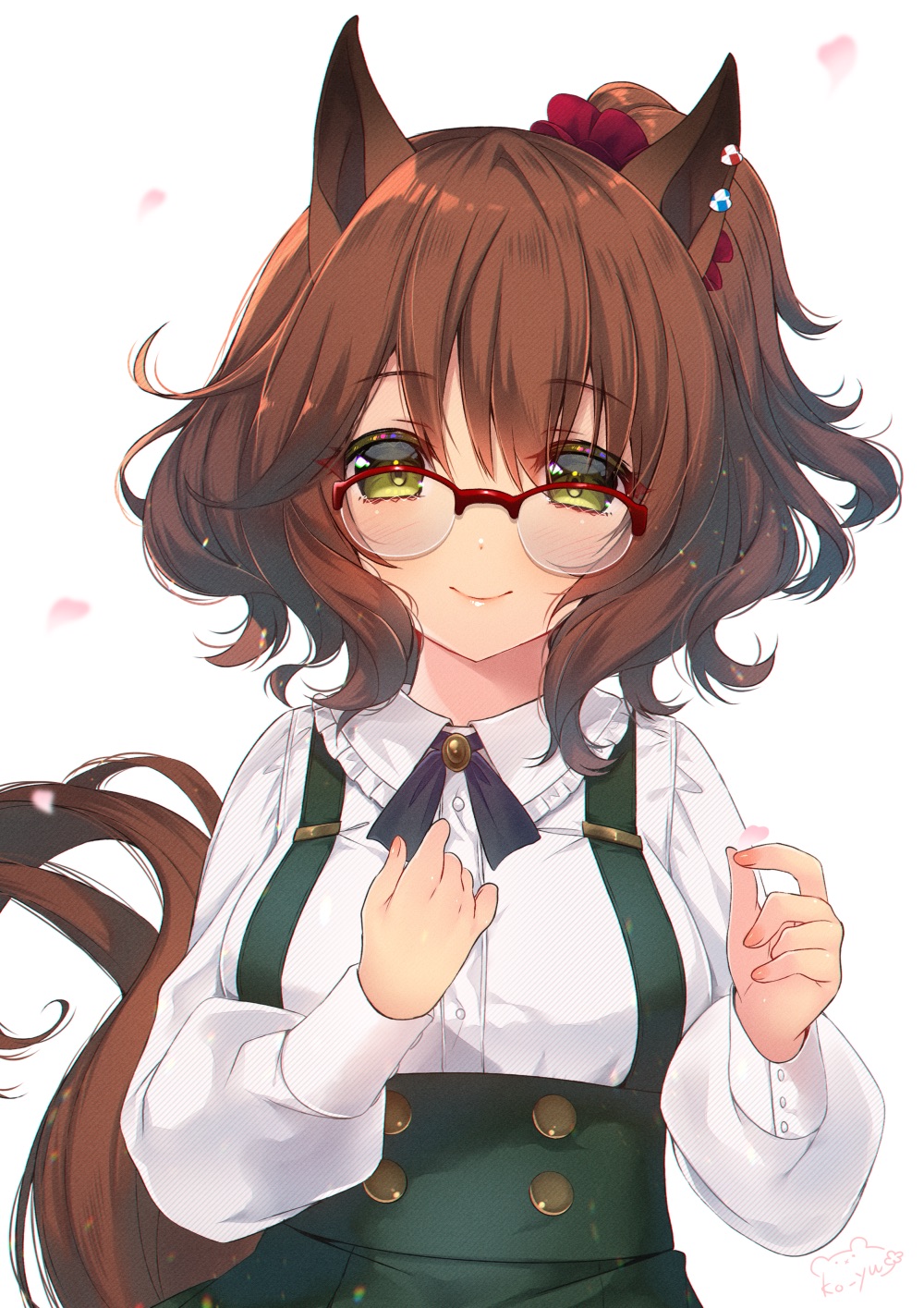 1girl alternate_costume animal_ears aston_machan_(umamusume) blush breasts brown_hair casual commentary_request glasses hair_ornament highres horse_ears horse_girl horse_tail ko_yu large_breasts medium_breasts simple_background smile solo tail umamusume white_background