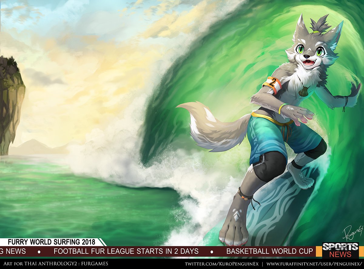 anthro blue_bottomwear blue_clothing blue_pants bottomwear canid clothed clothing cloud fur glistening glistening_eyes green_eyes grey_body grey_fur happy male mammal open_mouth open_smile outside pants penguinexperience signature sky smile solo standing surfing text topless url water white_body white_fur